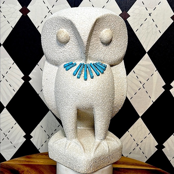 Vintage Other - Mid-Century Modern Textured Owl Sculpture with Turquoise Detail – Artisan Style